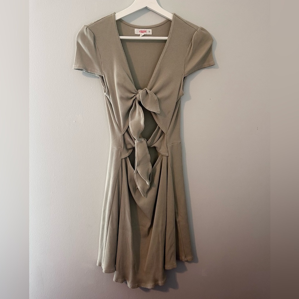 Sage Green Cutout Tie-Front Ribbed Short Sleeve Mini Dress Size S Designer